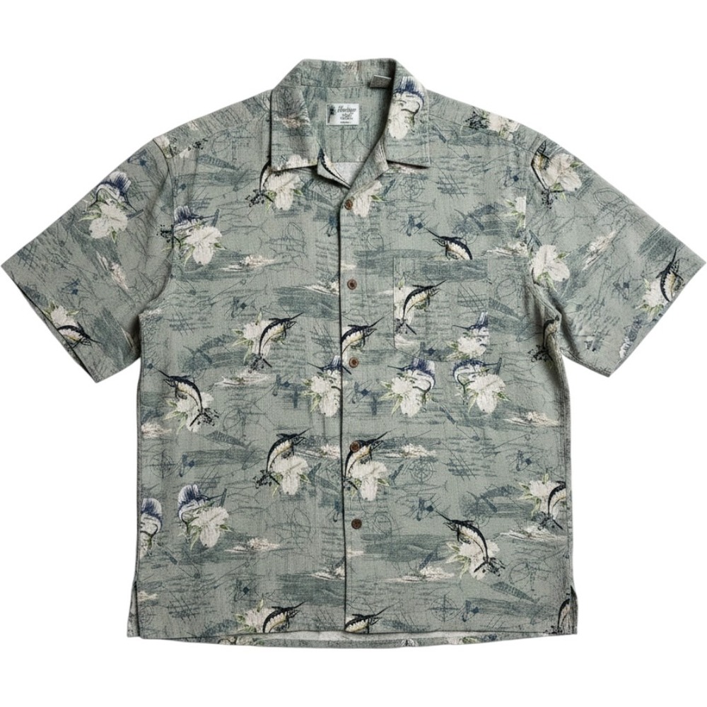 Vintage Silk Circa 1969 Mens Large Marlin Fish Hawaiian Camp Shirt Gray Green